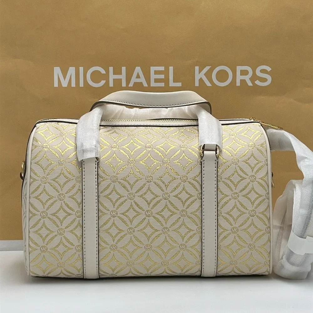 MICHAEL KORS JST TRAVEL MEDIUM DUFFLE SATCHEL SHOULDER CROSSBODY BAG Pale Gold